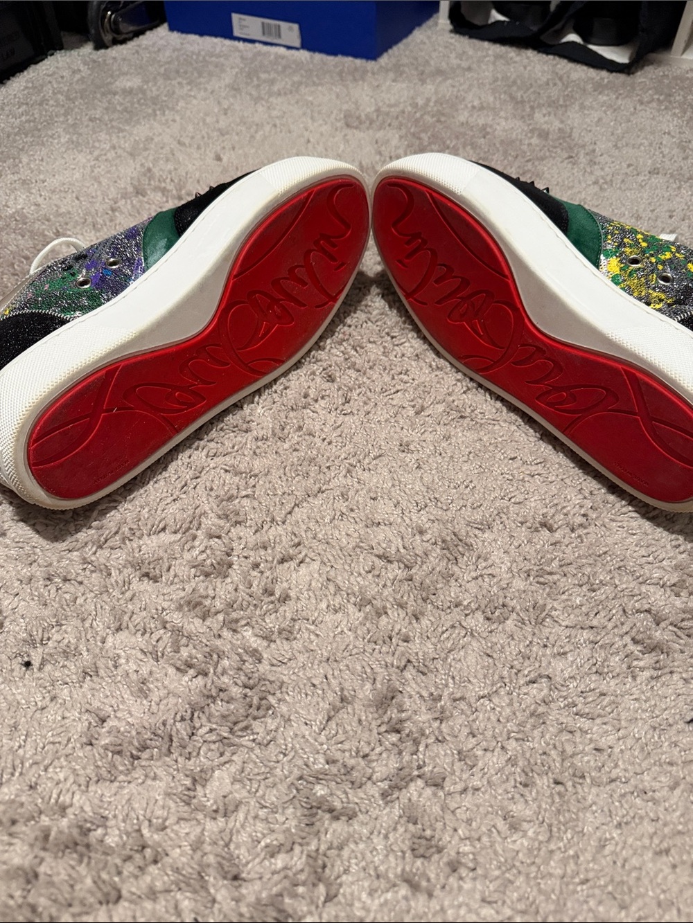 Christian Louboutin White, Black and Green Sequin-Accent Low-Top Sneakers - Picture 7 of 10